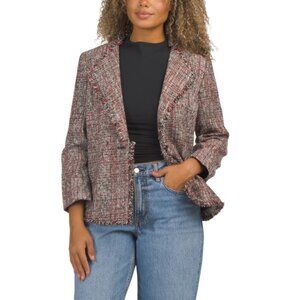 KASPER Fire Red Multi Tweed One Button Wing Lapel Blazer With Fringed Hem